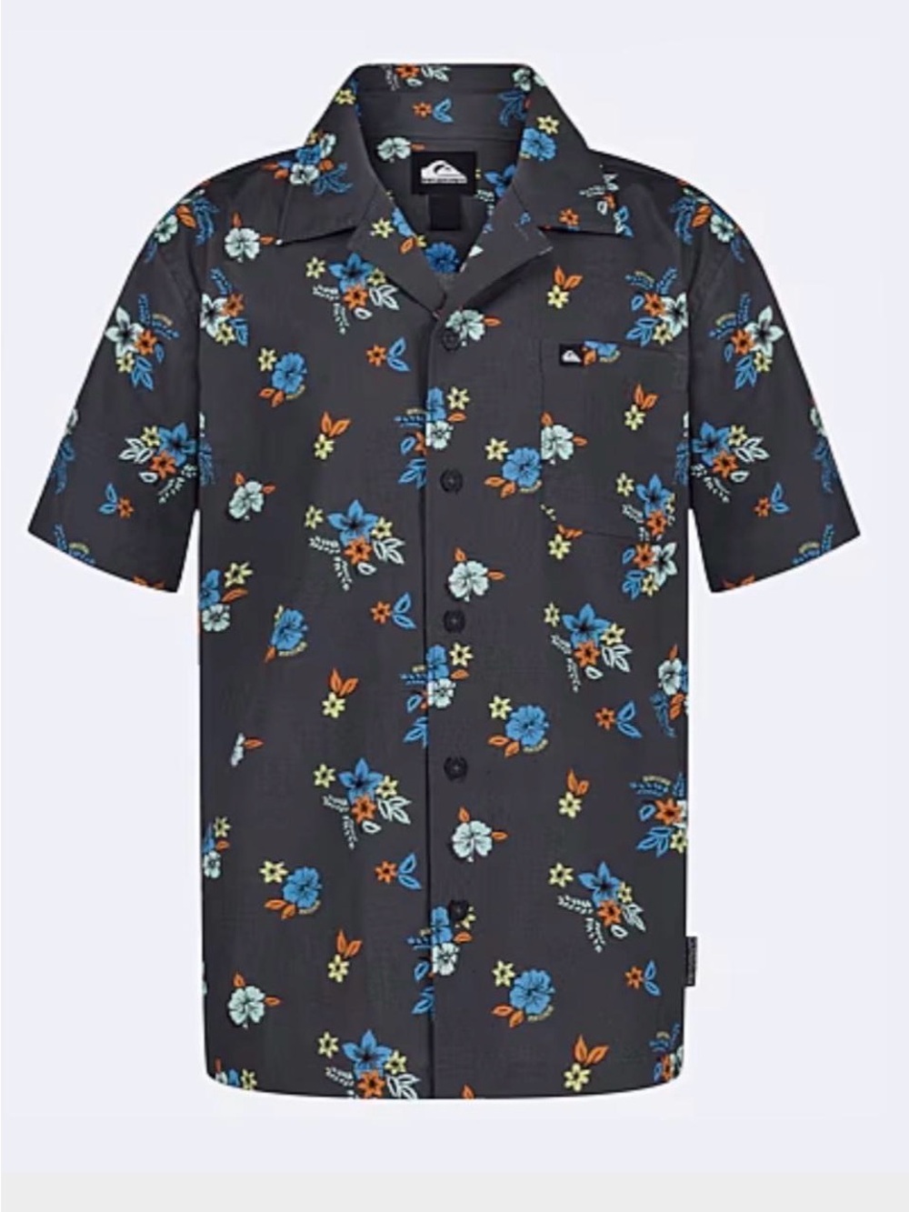 Quiksilver Black Floral Button-Down Camp Shirt with Blue & Orange Accents